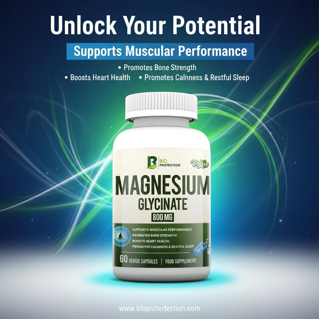 Bio Protection Magnesium Glycinate 800mg – Muscle Relaxation, Restful Sleep & Bone Health (60 Veggie Capsules)