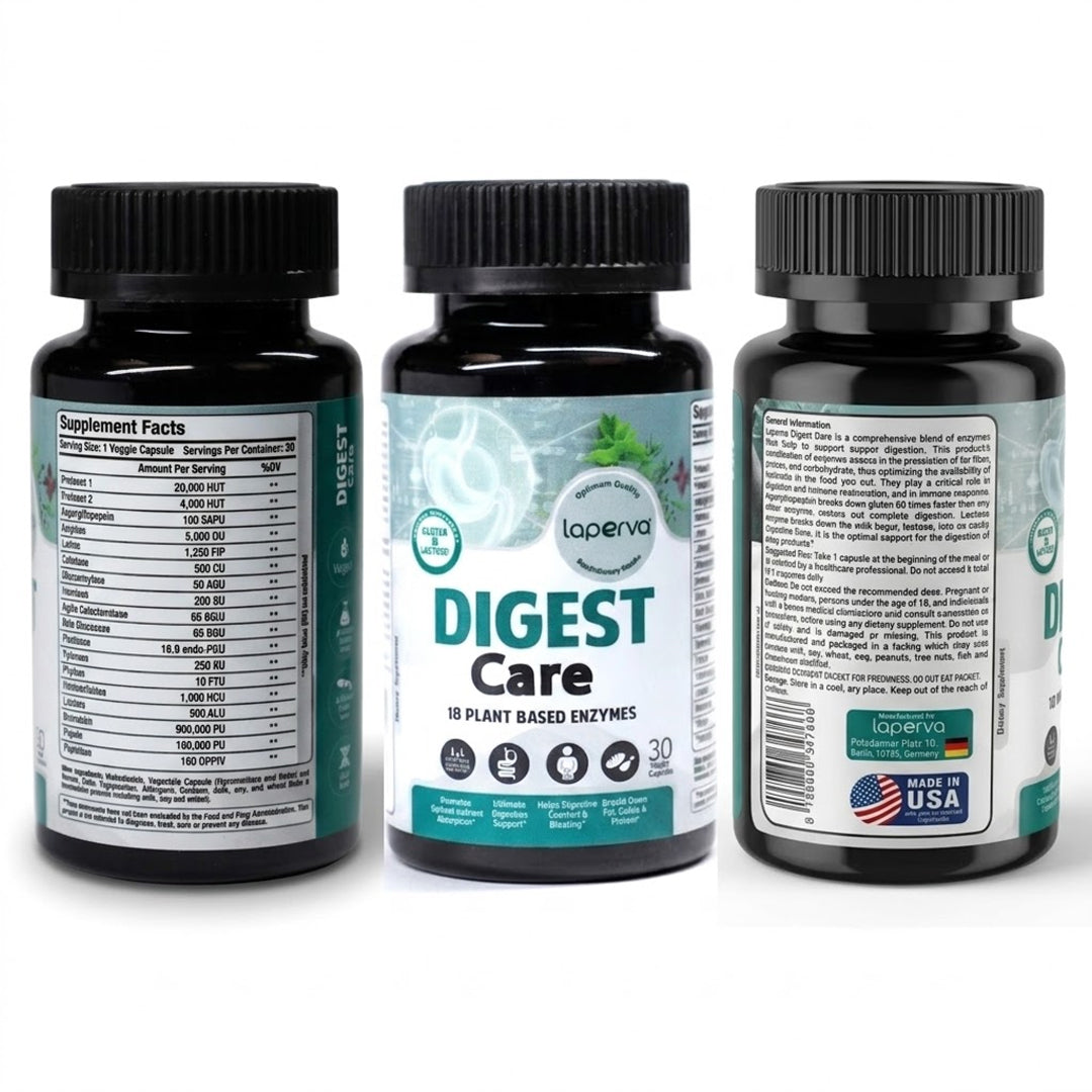 Laperva Digest Care – 18 Plant-Based Enzymes, Gluten & Lactose Support (30 Veggie Capsules)